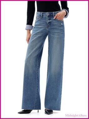 Wide Leg Raw Hem Mid Rise High Stretch Denim Jeans